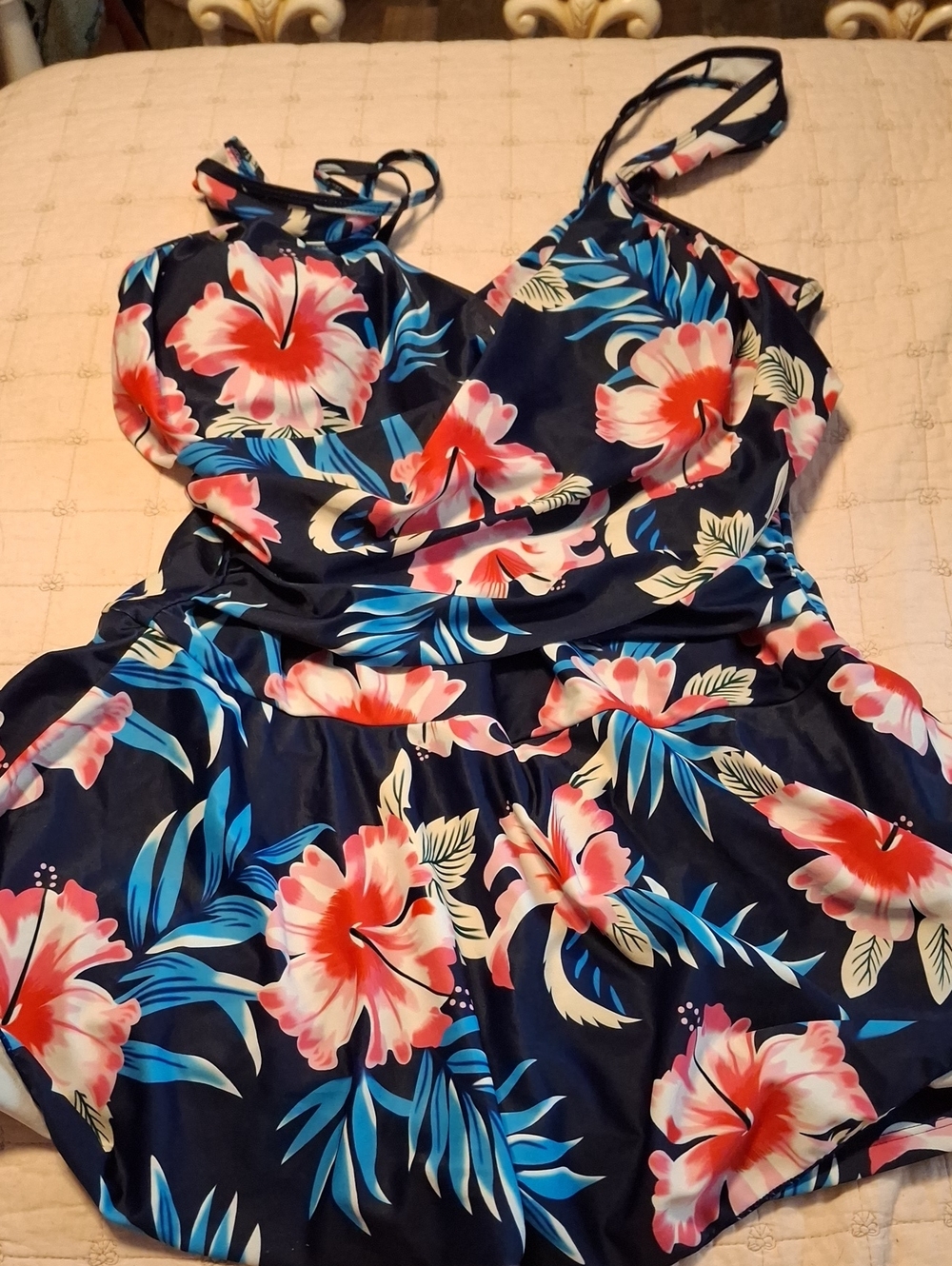 Navy Floral One-Piece Swim Suit with Pink Hibiscus